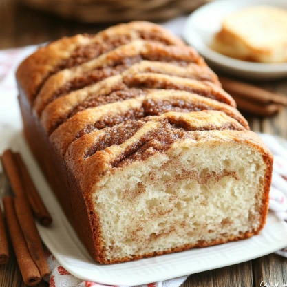 A freshly baked Amish Cinnamon Bread with a golden-brown cinnamon sugar swirl, sliced and served on a white plate with cinnamon sticks in the background.