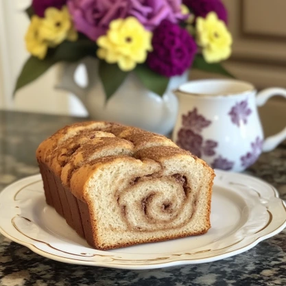 A slice of cinnamon swirl bread on a decorative plate, with a floral teacup in the background.