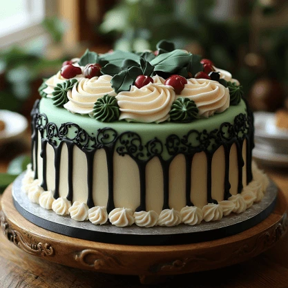 A beautifully decorated cake featuring intricate black icing designs, creamy white frosting swirls, and garnished with cherries and green leaves on top.