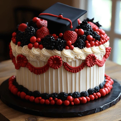  A festive graduation cake decorated with red and black berries, red frosting accents, and topped with a graduation cap.