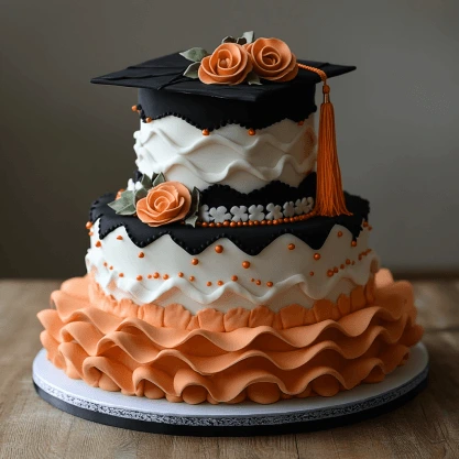 A two-tiered graduation cake with orange and black decorations, featuring a graduation cap topper, orange roses, and elegant ruffled frosting.