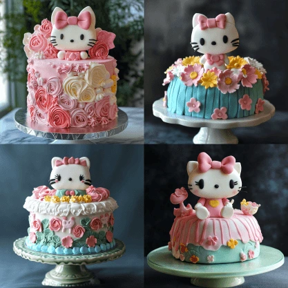 A collage of four Hello Kitty themed cakes decorated with intricate floral designs and pastel colors.