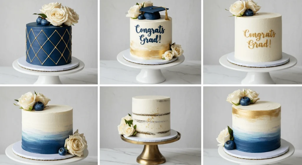 A collection of six elegant graduation cakes in various designs.