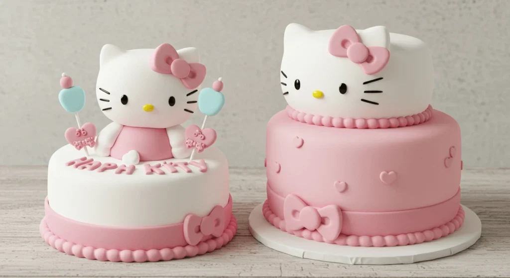 Two intricately designed Hello Kitty themed birthday cakes.