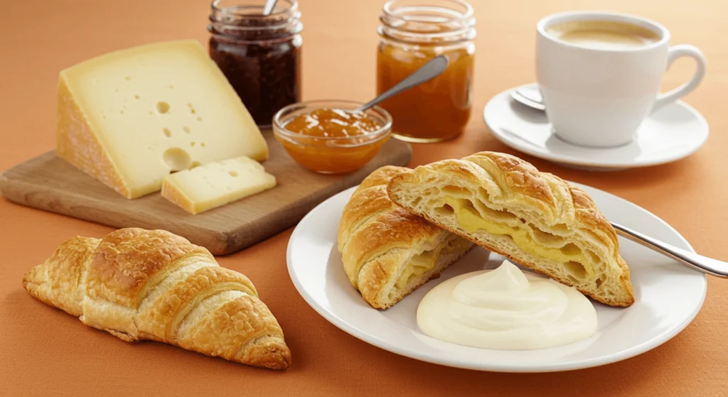 A continental breakfast setup with croissants, cheese, jams, and coffee on an orange table.