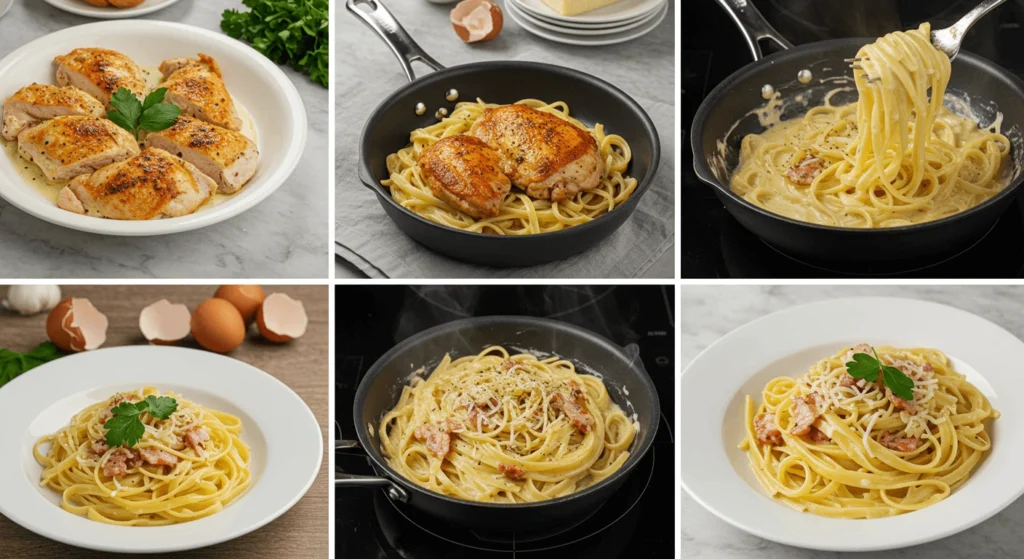 A step-by-step visual sequence of preparing and serving creamy chicken pasta with bacon and garnishes.