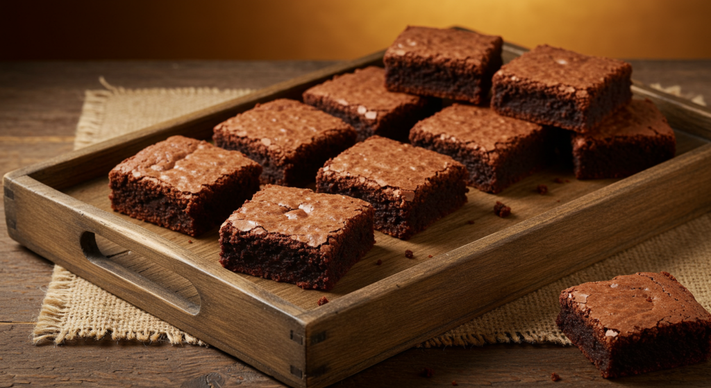 image of a fresh batch of classic brownies just out of the oven , arranged on a wooden tray