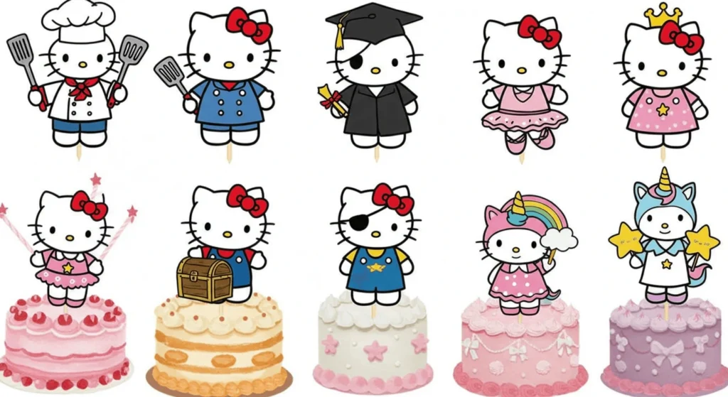 A collection of Hello Kitty cake toppers in various costumes and themes.