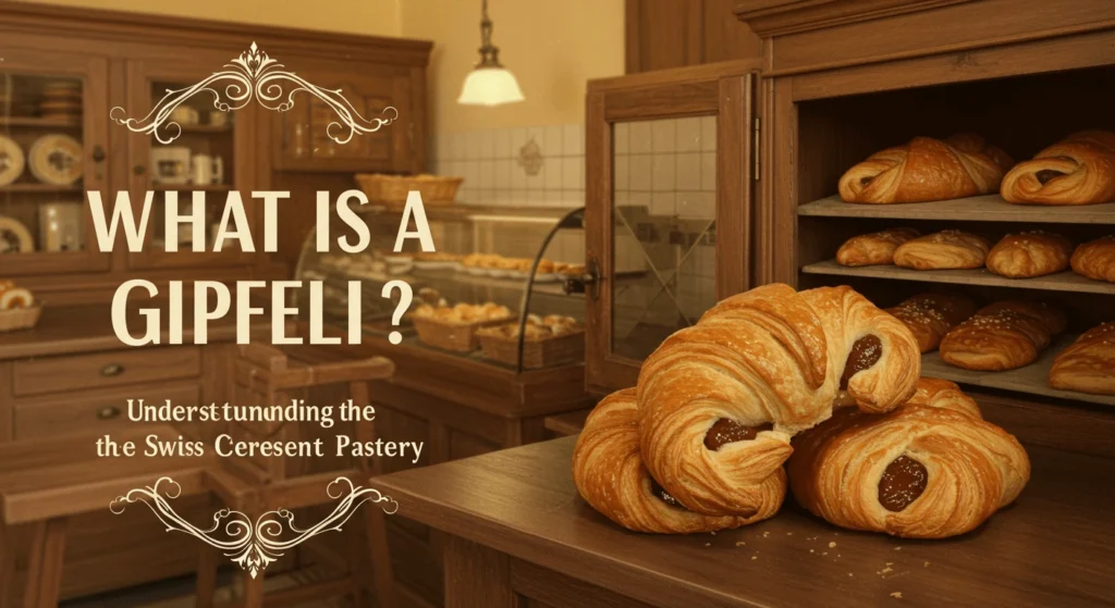 A vintage bakery interior featuring shelves of fresh pastries and prominently displayed Gipfeli pastries in the foreground.