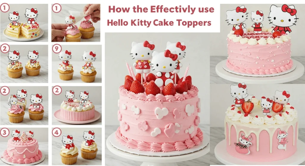 A guide on using Hello Kitty cake toppers effectively, featuring multiple styled cakes.