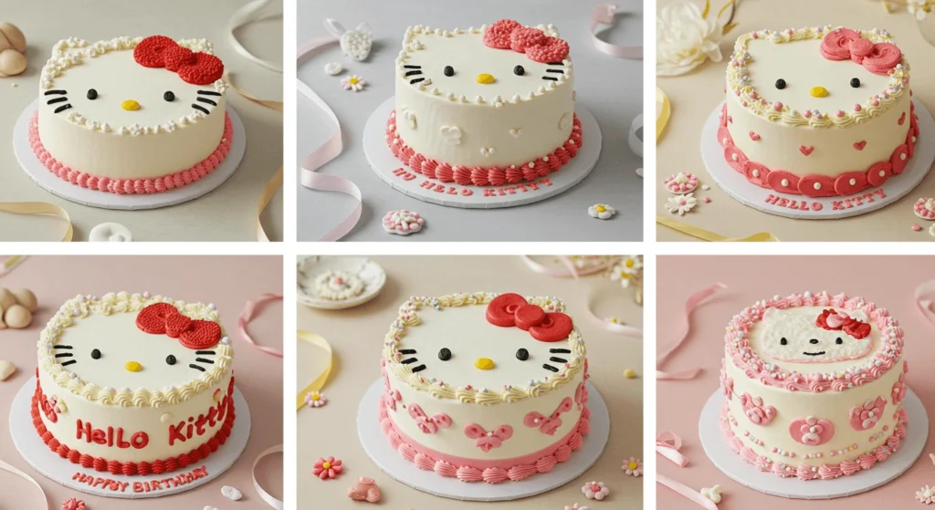  Collage of six Hello Kitty-themed birthday cakes, each uniquely decorated with pastel colors, ribbons, and floral accents.