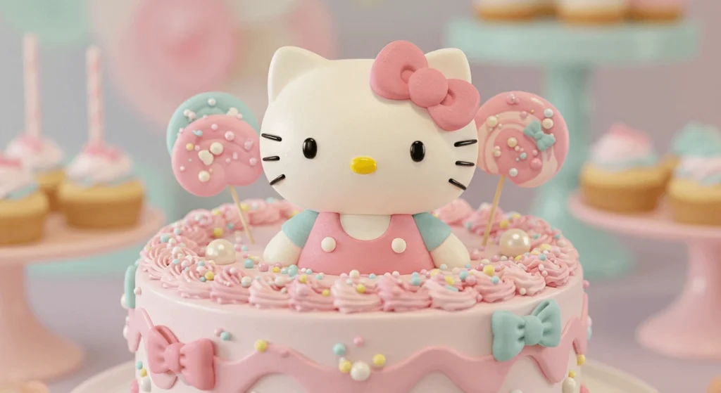 Close-up of a pastel-themed Hello Kitty cake topper on a decorated cake, surrounded by matching desserts.