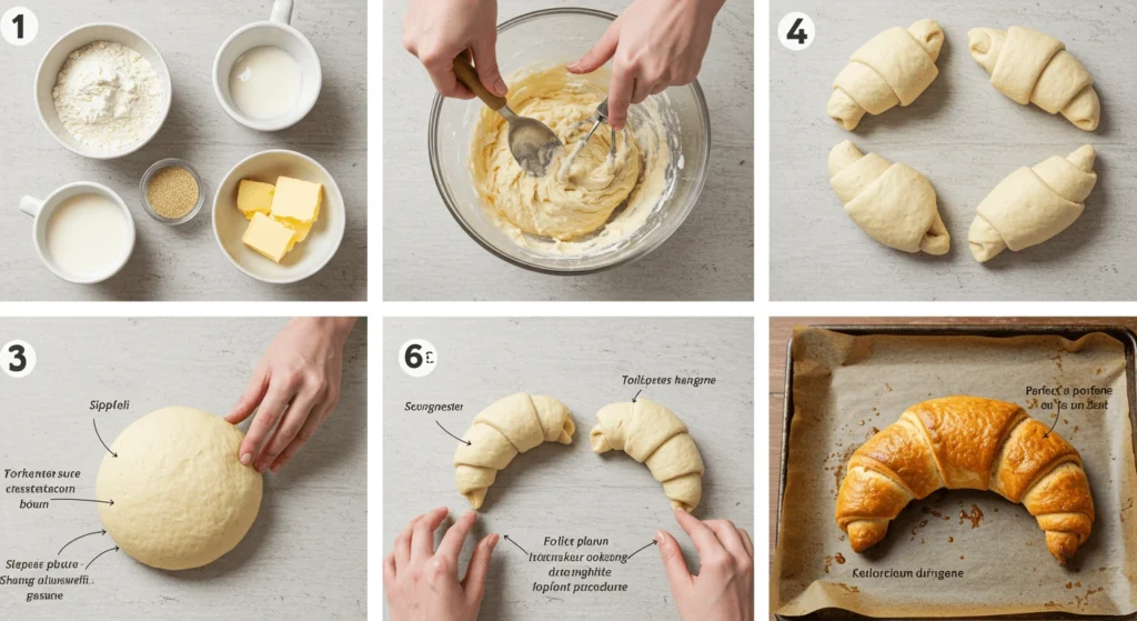 Step-by-step photo guide showing the preparation of croissants from ingredients to baking.