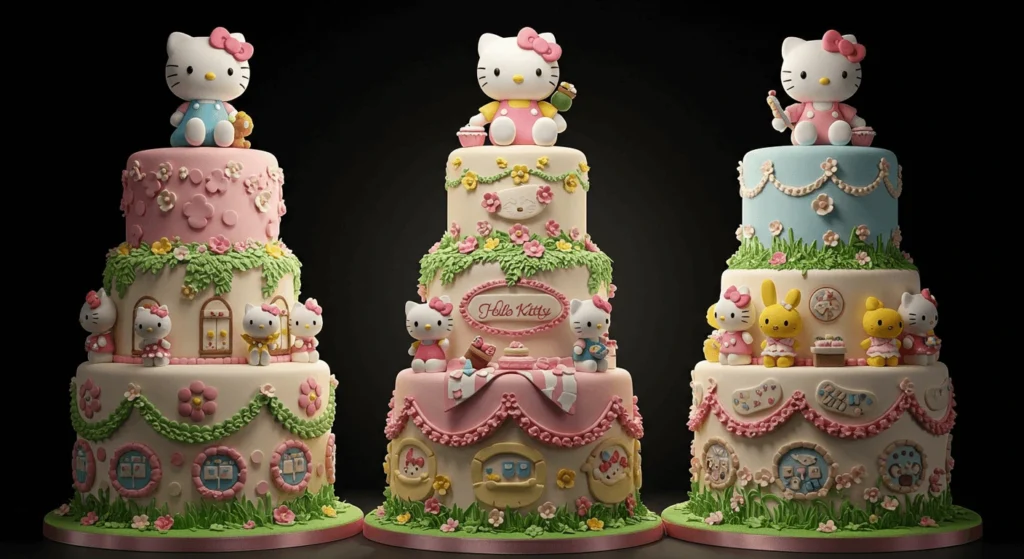 Trio of elaborate Hello Kitty-themed tiered cakes, each adorned with detailed decorations and character figurines.