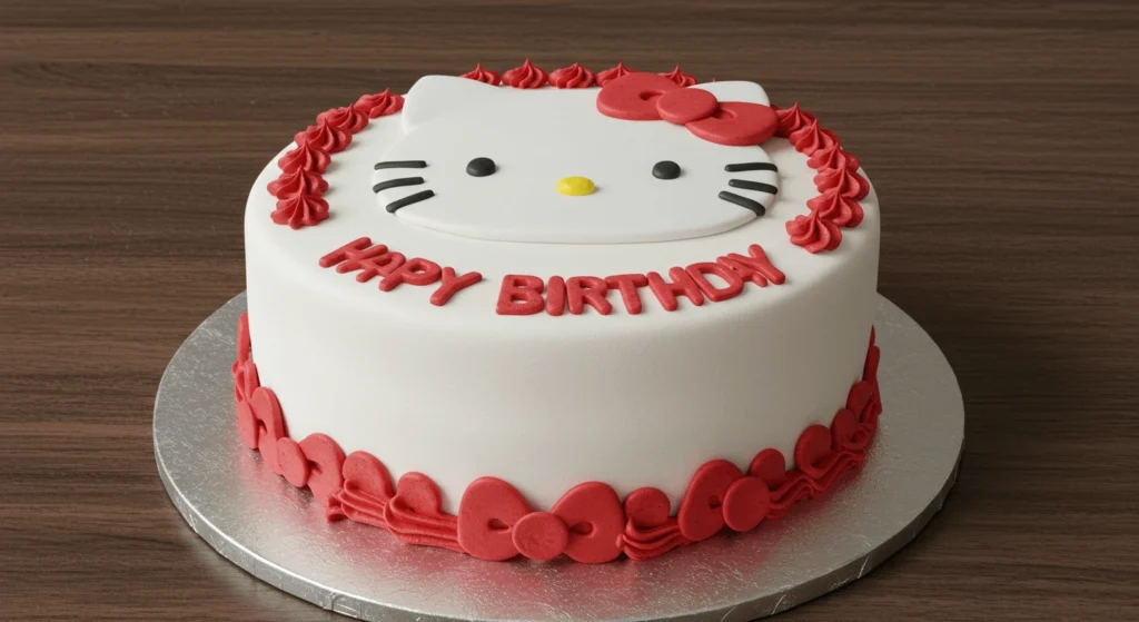  A Hello Kitty-themed birthday cake with white fondant and red decorations.