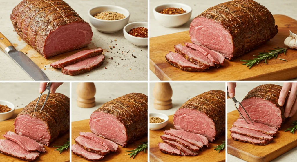 Perfectly cooked bottom round roast sliced on a wooden board, surrounded by seasoning bowls, rosemary, and a carving fork.