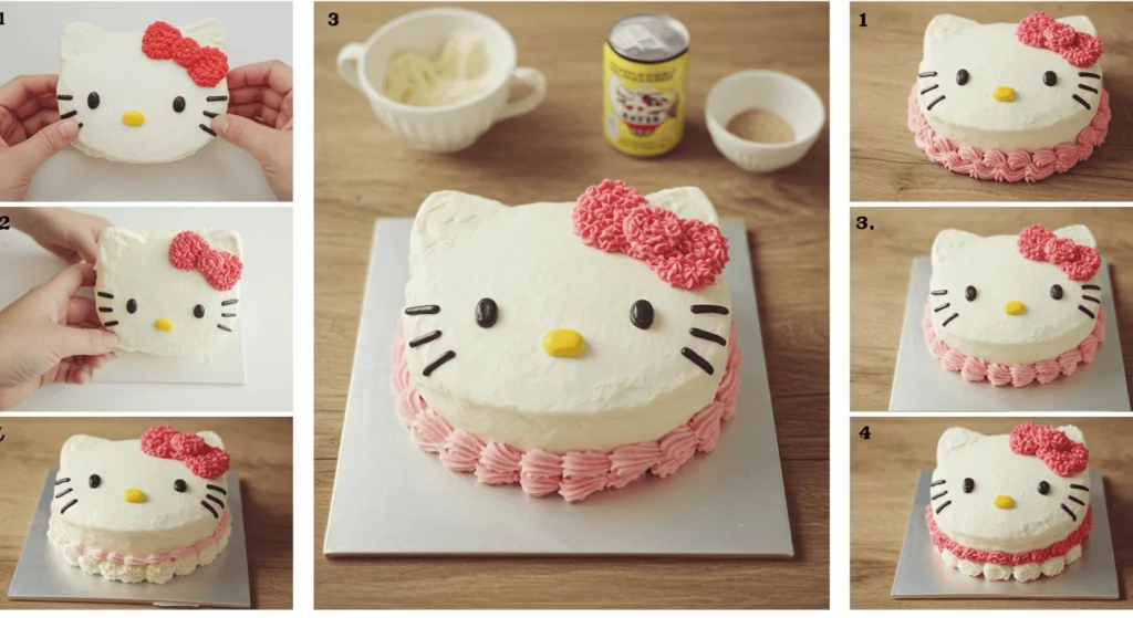 A step-by-step visual guide on decorating a Hello Kitty-themed cake.