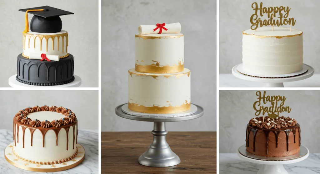 A collection of five different graduation-themed cakes displayed in a collage.