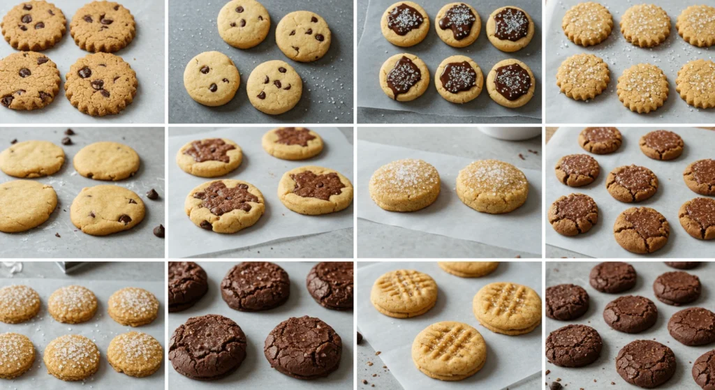 A variety of homemade cookies, including chocolate chip, sugar cookies, and chocolate varieties, displayed on parchment paper.