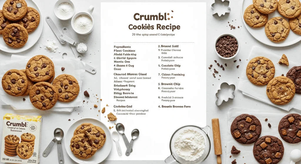 A display of Crumbl chocolate chip cookies with a recipe sheet and baking tools.