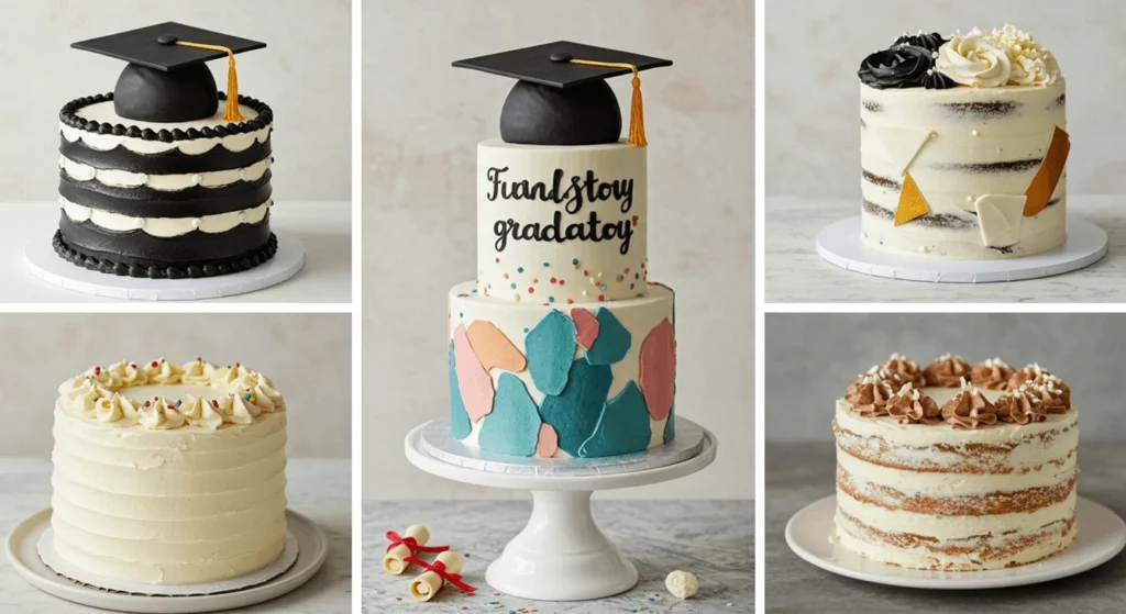 A variety of five graduation cakes with unique designs and decorations.