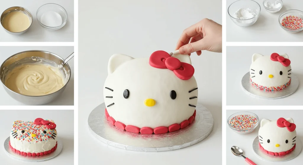 "Step-by-step tutorial showing the making of a Hello Kitty themed cake."