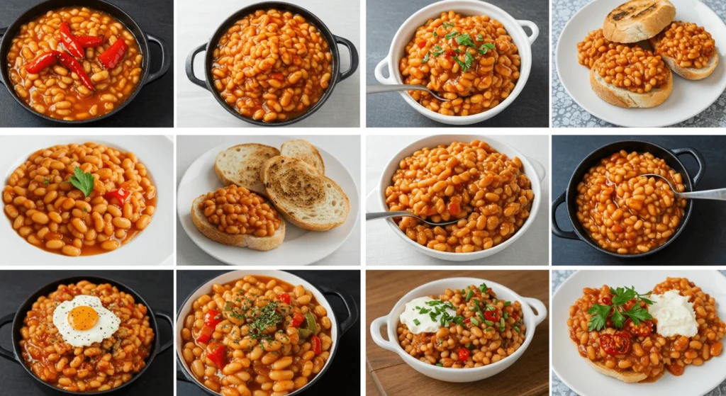 A collection of twelve images showing various servings of baked beans with different accompaniments.