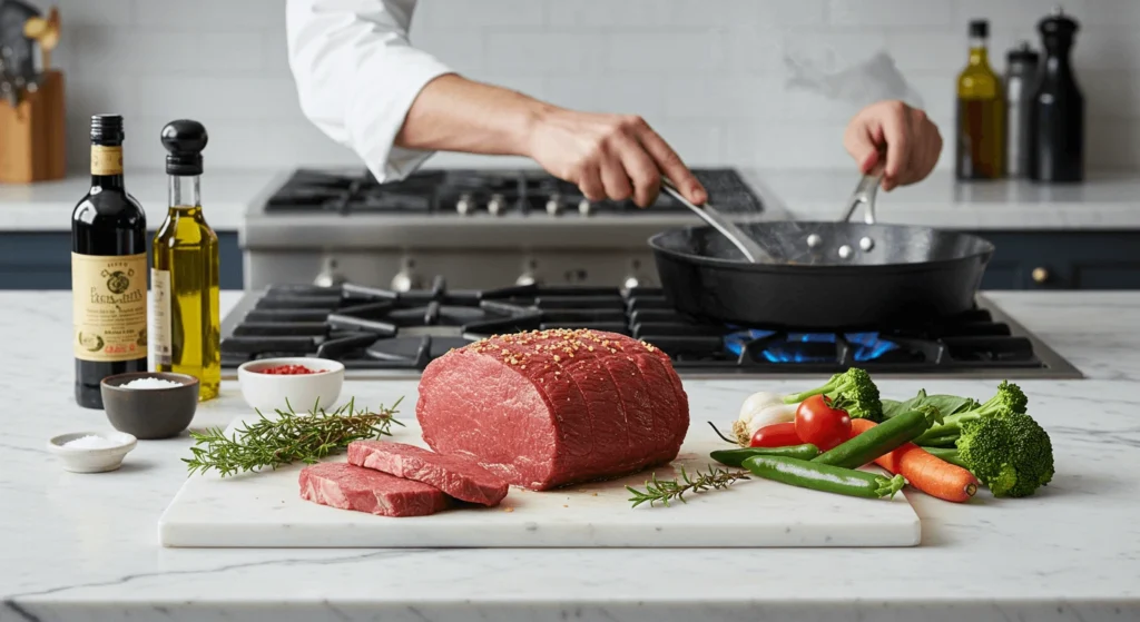 Raw bottom round roast on a marble board with fresh vegetables and seasonings, as a chef cooks in the background.