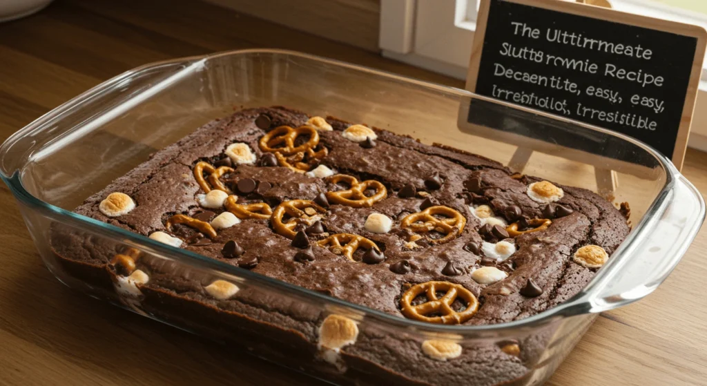 A freshly baked chocolate dessert with pretzels, marshmallows, and chocolate chips on top, presented in a glass baking dish. A chalkboard in the background reads, "The Ultimate Slutty Brownie Recipe - Decadent, easy, irresistible."