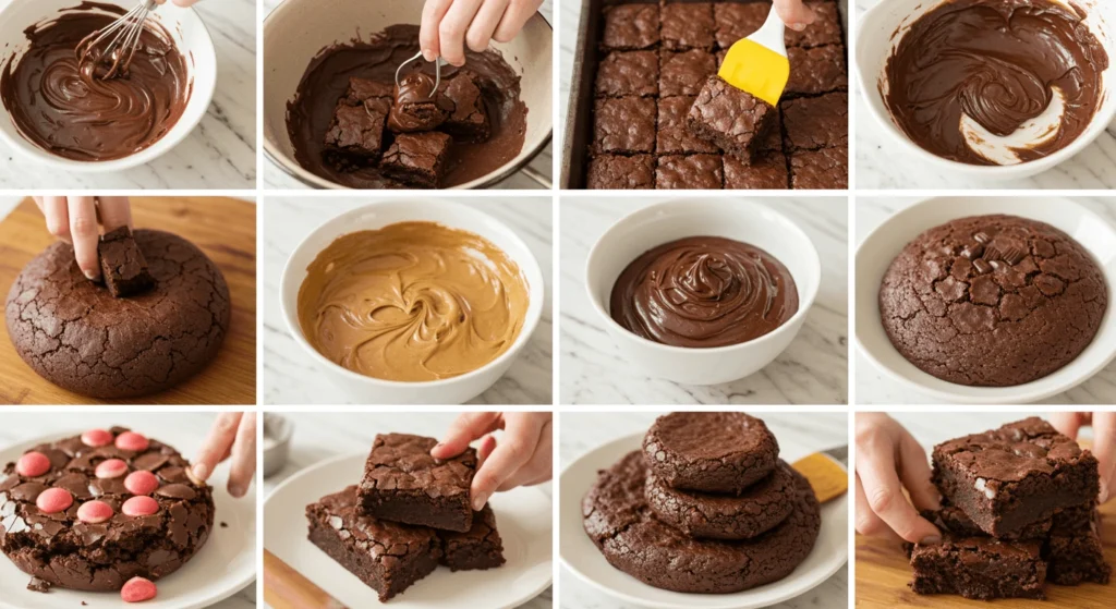 A step-by-step collage showing the preparation of brownies, including whisking melted chocolate, assembling, baking, cutting, and decorating brownies, as well as showcasing their final presentation.