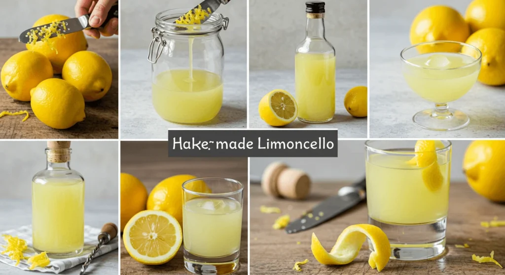 A step-by-step process of making homemade Limoncello with lemons, including zesting, infusing, and serving in glasses.