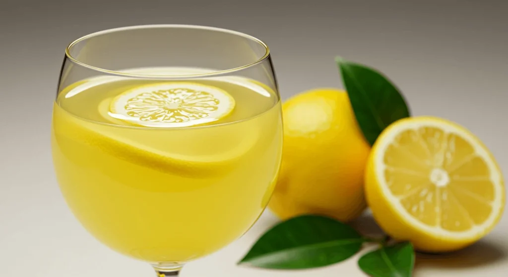 A close-up of a glass of Limoncello garnished with a lemon slice, with fresh lemons and leaves in the background.