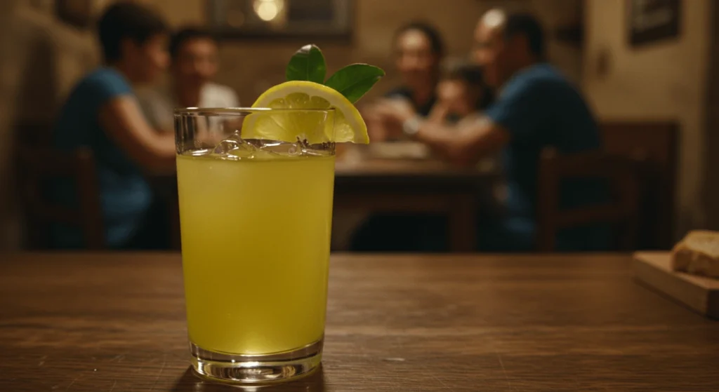 A refreshing glass of Limoncello with ice and lemon garnish, with blurred background of people sitting at a table.