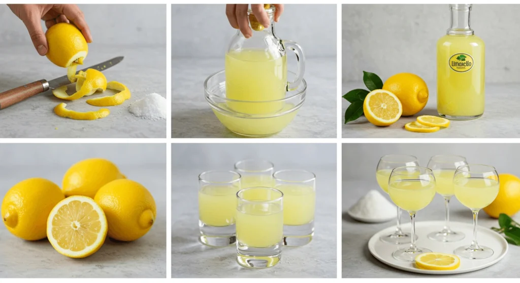 A series of images showing the process of making Limoncello, from zesting lemons to serving the drink in glasses.