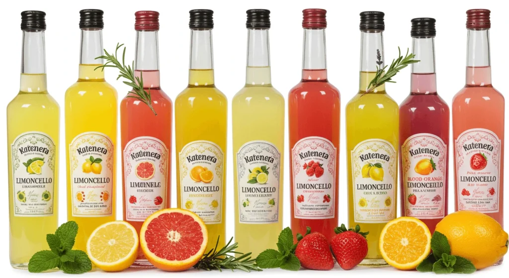 A collection of different flavored Limoncello bottles, including lemon, blood orange, and strawberry varieties, with fresh fruits and herbs.