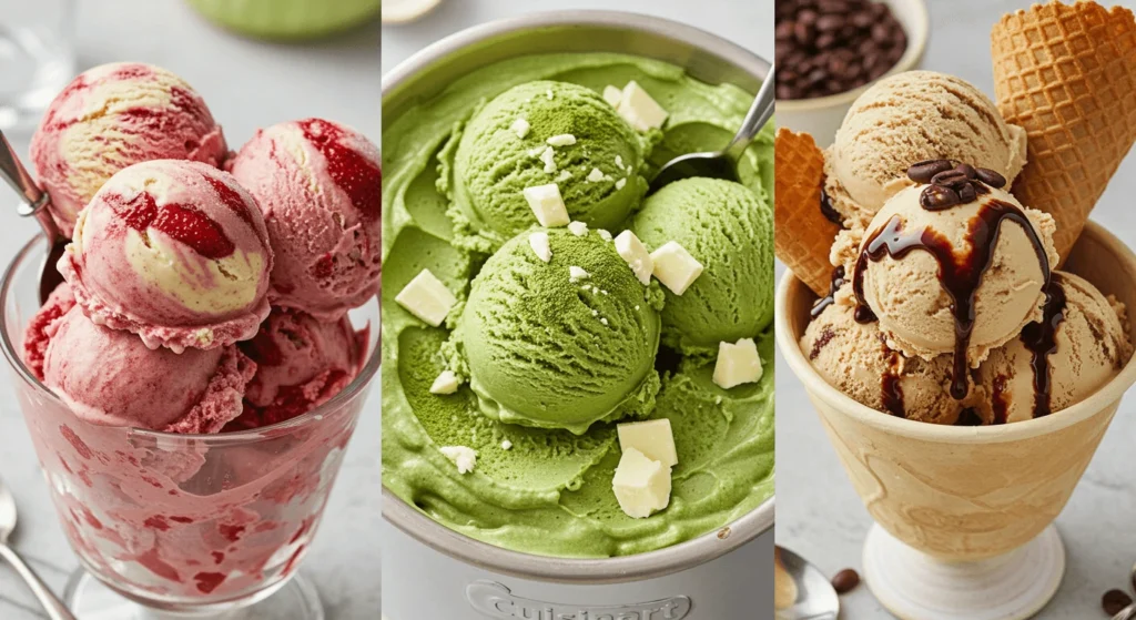 Three delicious bowls of ice cream featuring raspberry, matcha, and coffee flavors.