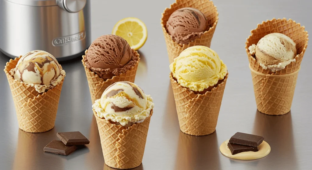 Various ice cream cones with different flavors, including chocolate, vanilla, and swirl, accompanied by pieces of chocolate.