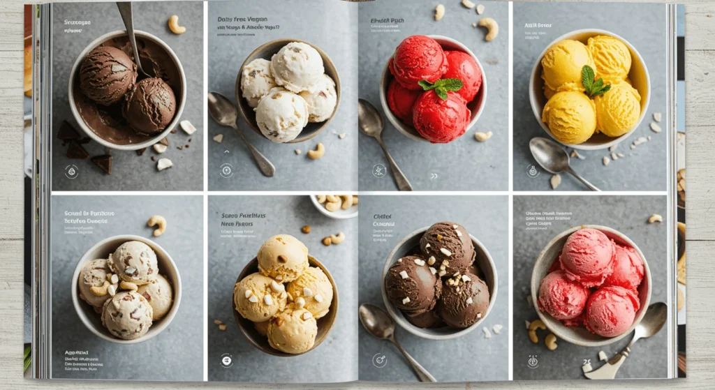 A variety of ice cream flavors in bowls, including chocolate, vegan, strawberry, and mango, with cashews and mint leaves for garnish.