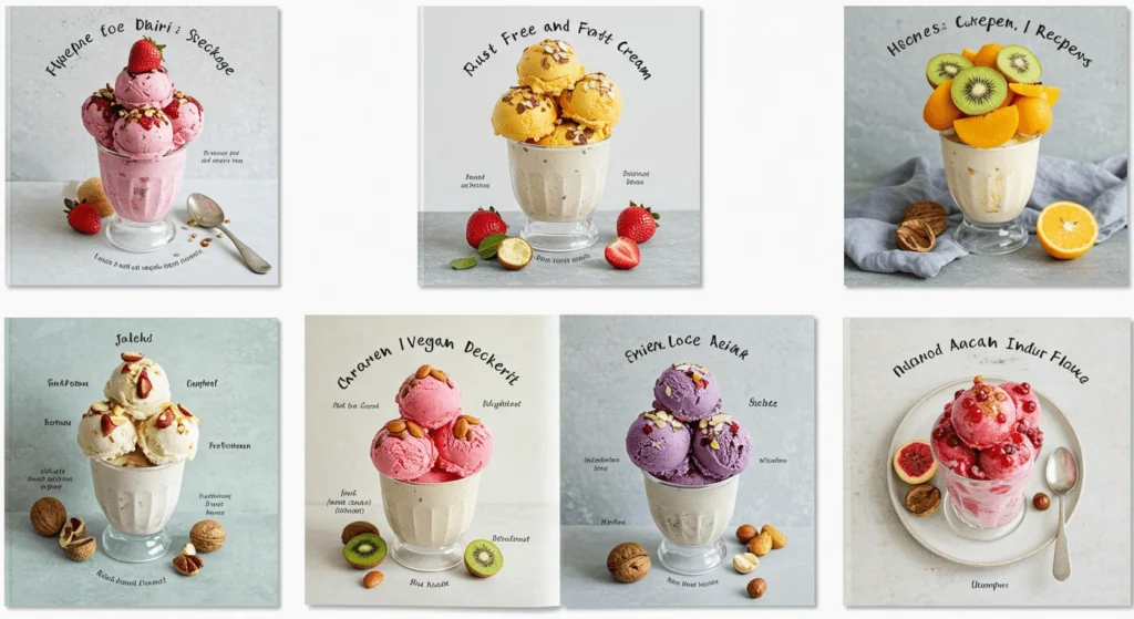 Various flavors of ice cream in cups, each with distinct toppings, including fruits and nuts.