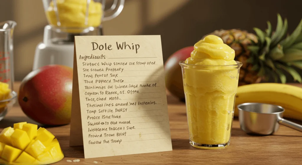 A glass of Dole Whip with a recipe card showing ingredients and instructions.