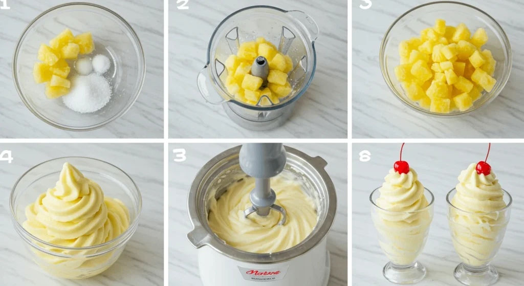 Step-by-step process of making Dole Whip, from mixing ingredients to serving in glasses with cherries on top.