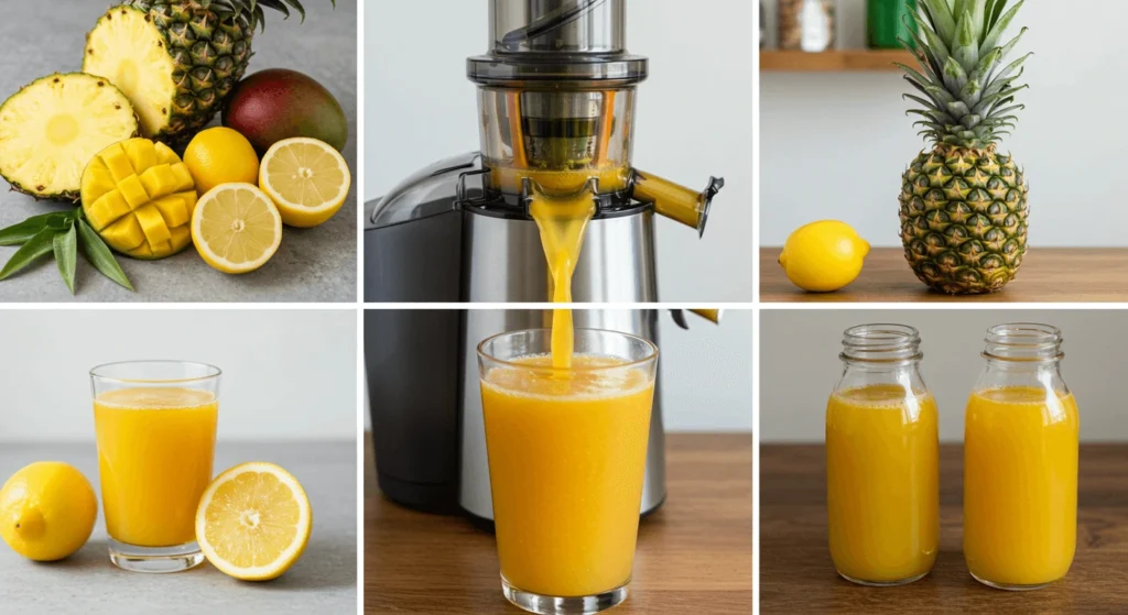 A collage of fresh fruits and juice preparation, including pineapple, mango, lemon, a juicer, and bottles of freshly squeezed juice.