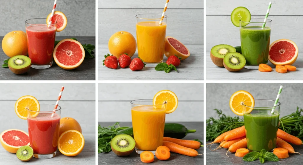 A collage of freshly prepared fruit and vegetable juices, including grapefruit, kiwi, strawberries, carrots, and mint.