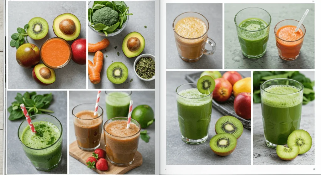 A collection of fresh fruit and vegetable juices, featuring ingredients like kiwi, avocado, carrots, apples, and leafy greens, served in glasses.