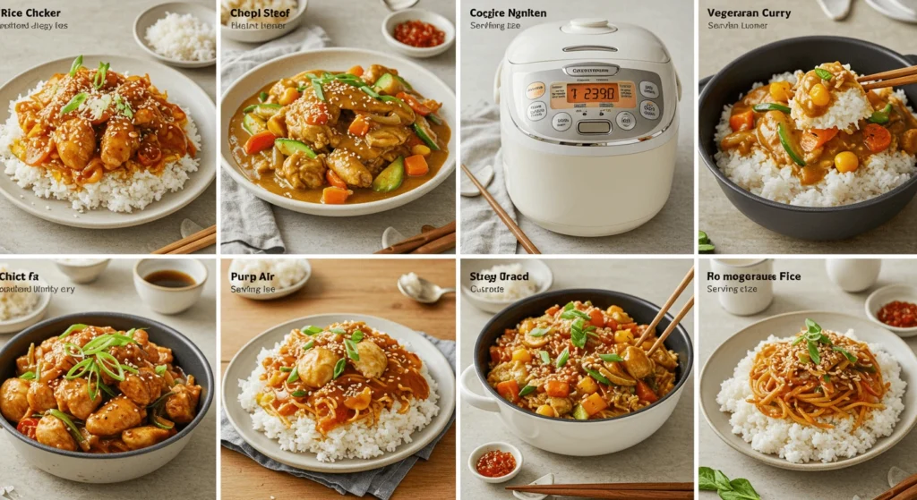 A collection of food dishes served with rice, including chicken, curry, and noodles, next to a rice cooker. Each dish is presented with different garnishes like sesame seeds and green onions.