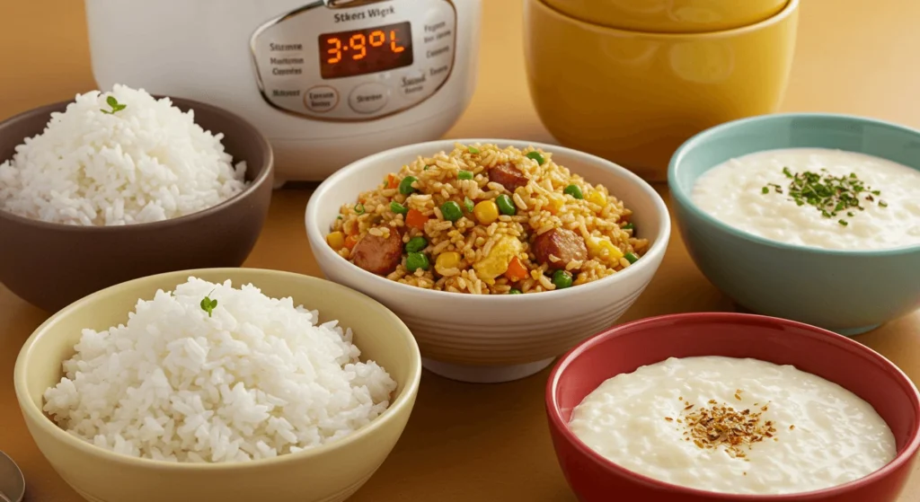 A variety of rice dishes, including plain rice, fried rice with vegetables, and rice porridge, next to a rice cooker.