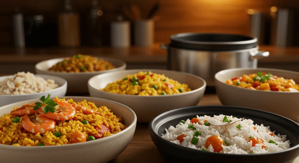 A variety of rice dishes, including shrimp rice, vegetable rice, and plain rice, displayed with a rice cooker in the background.