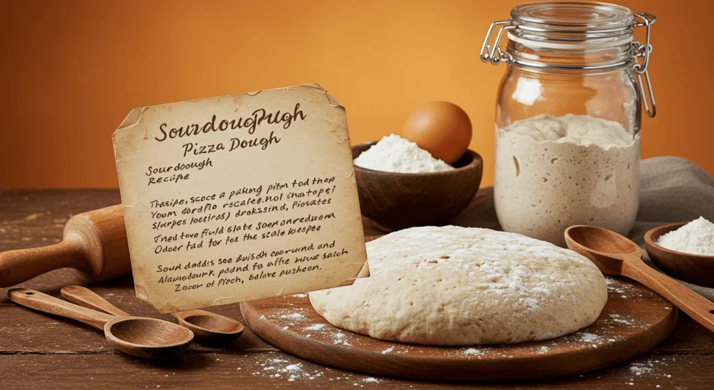 A rustic kitchen setup featuring sourdough pizza dough, a handwritten recipe card, a jar of sourdough starter, flour, eggs, and wooden utensils on a wooden table.