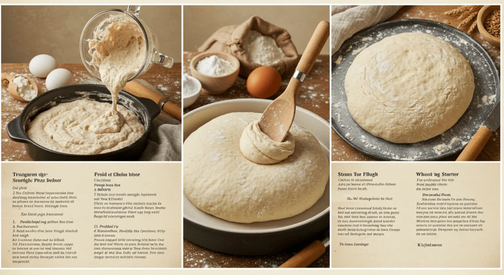 A collage of images showcasing the process of making sourdough pizza dough, featuring dough preparation, proofing, and ingredients like flour and eggs, along with recipe text.