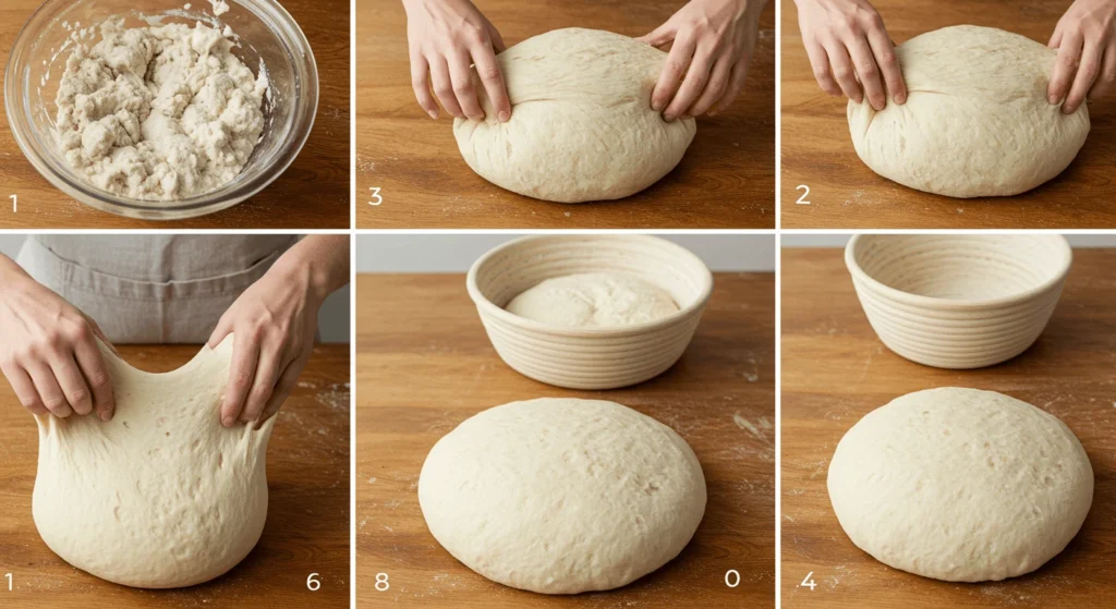 A step-by-step visual guide to preparing sourdough dough, showing different stages from mixing ingredients to shaping and proofing the dough.